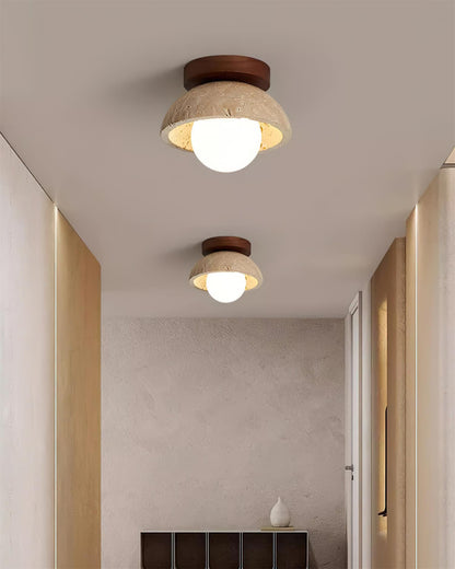 Travertine Stone Flush Mount Light 5.9 in Diameter White Natural Wood Wall or Ceiling Fixture G9 Base Opal Glass Diffuser for Bathroom Bedro