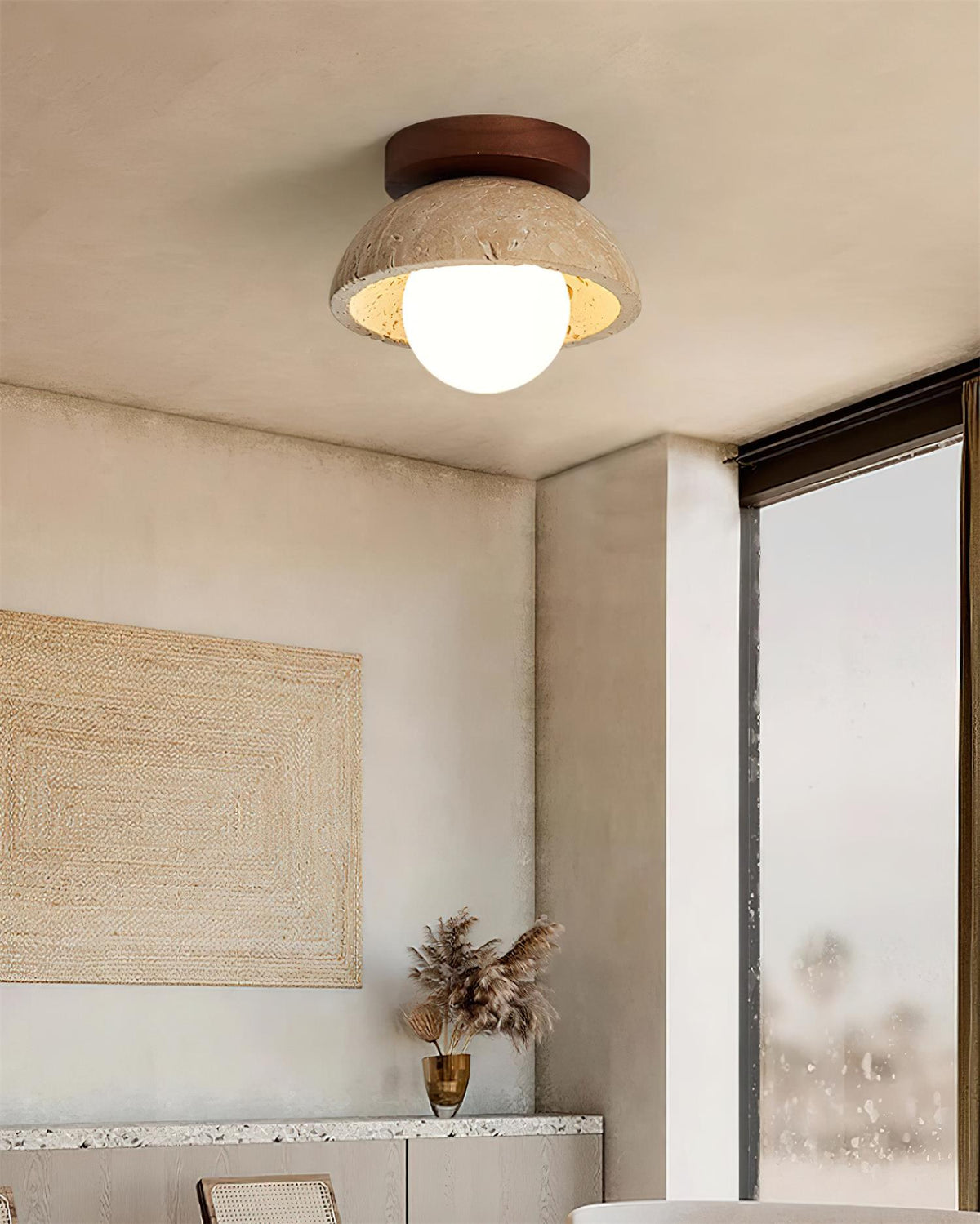 Travertine Stone Flush Mount Light 5.9 in Diameter White Natural Wood Wall or Ceiling Fixture G9 Base Opal Glass Diffuser for Bathroom Bedro