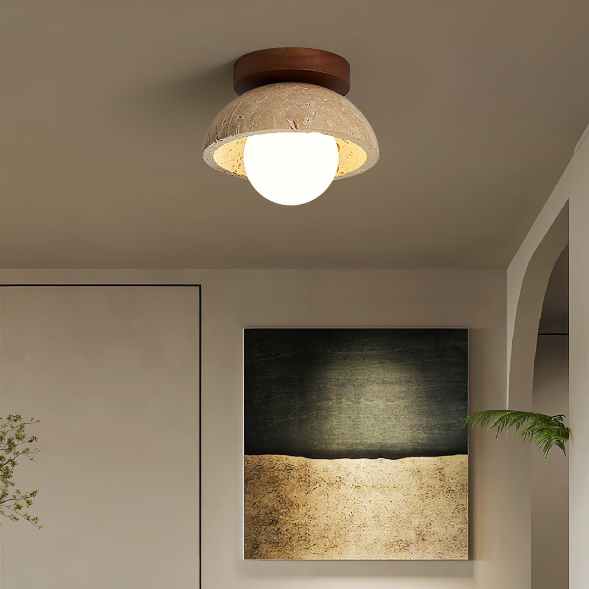 Travertine Stone Flush Mount Light 5.9 in Diameter White Natural Wood Wall or Ceiling Fixture G9 Base Opal Glass Diffuser for Bathroom Bedro
