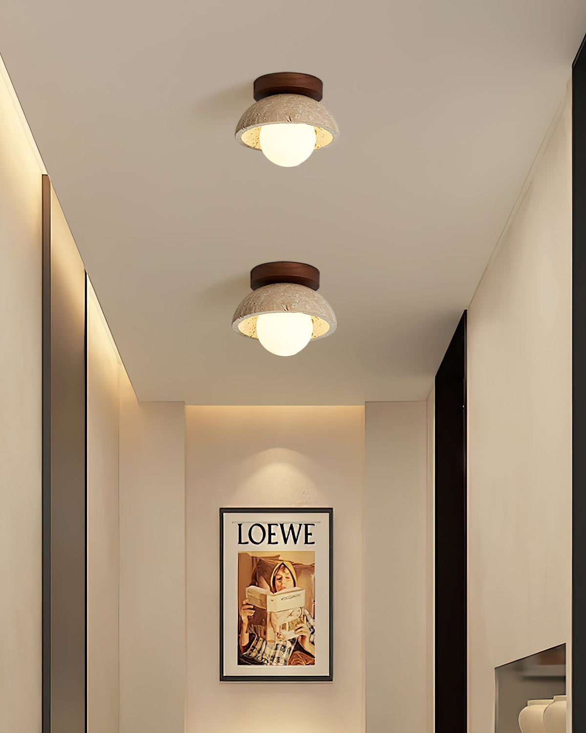 Travertine Stone Flush Mount Light 5.9 in Diameter White Natural Wood Wall or Ceiling Fixture G9 Base Opal Glass Diffuser for Bathroom Bedro