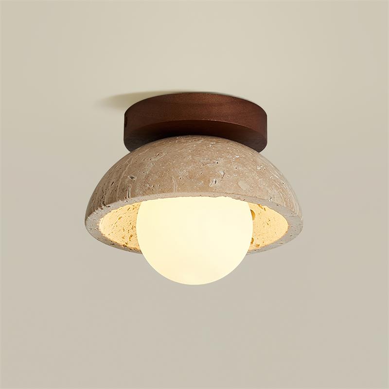 Travertine Stone Flush Mount Light 5.9 in Diameter White Natural Wood Wall or Ceiling Fixture G9 Base Opal Glass Diffuser for Bathroom Bedro