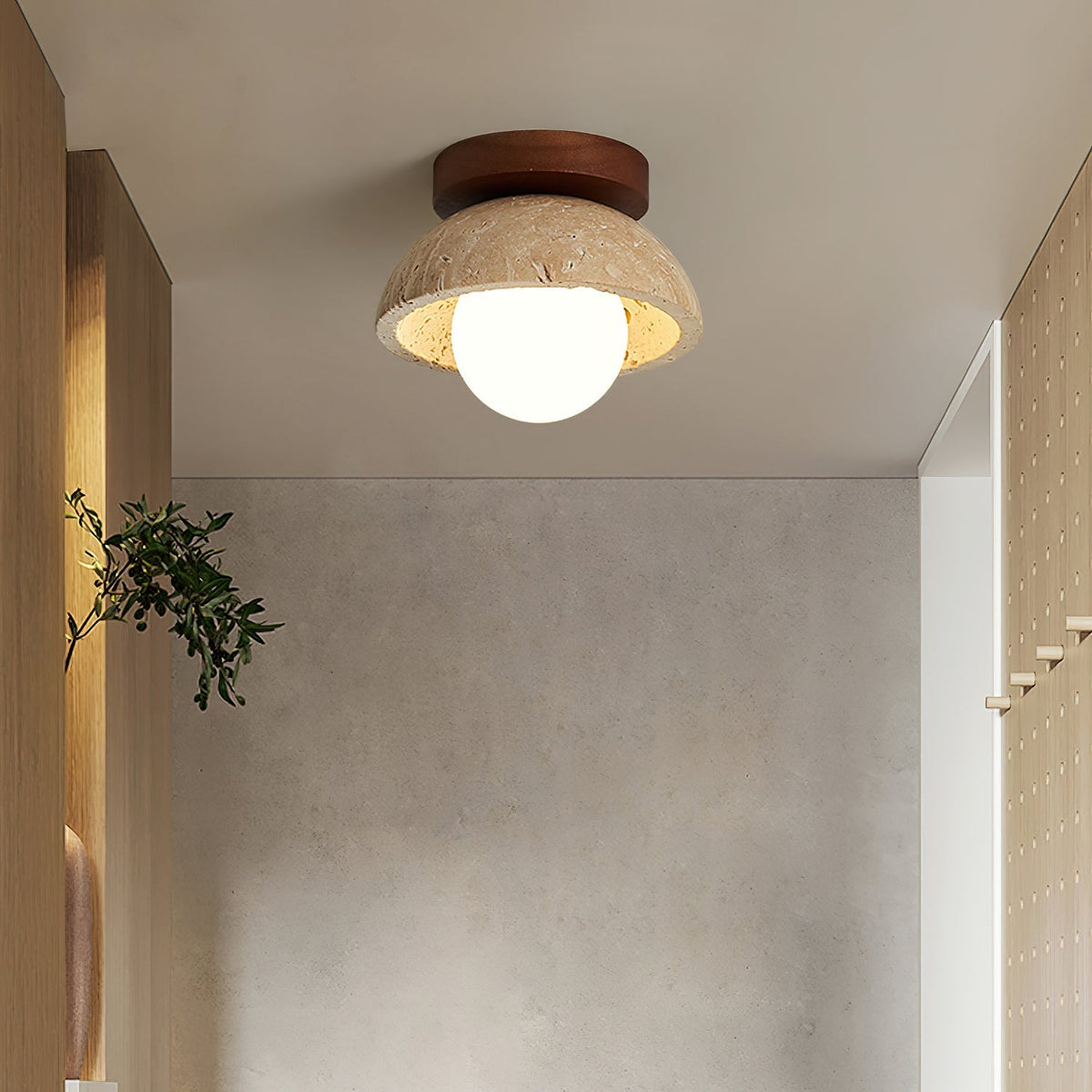 Travertine Stone Flush Mount Light 5.9 in Diameter White Natural Wood Wall or Ceiling Fixture G9 Base Opal Glass Diffuser for Bathroom Bedro