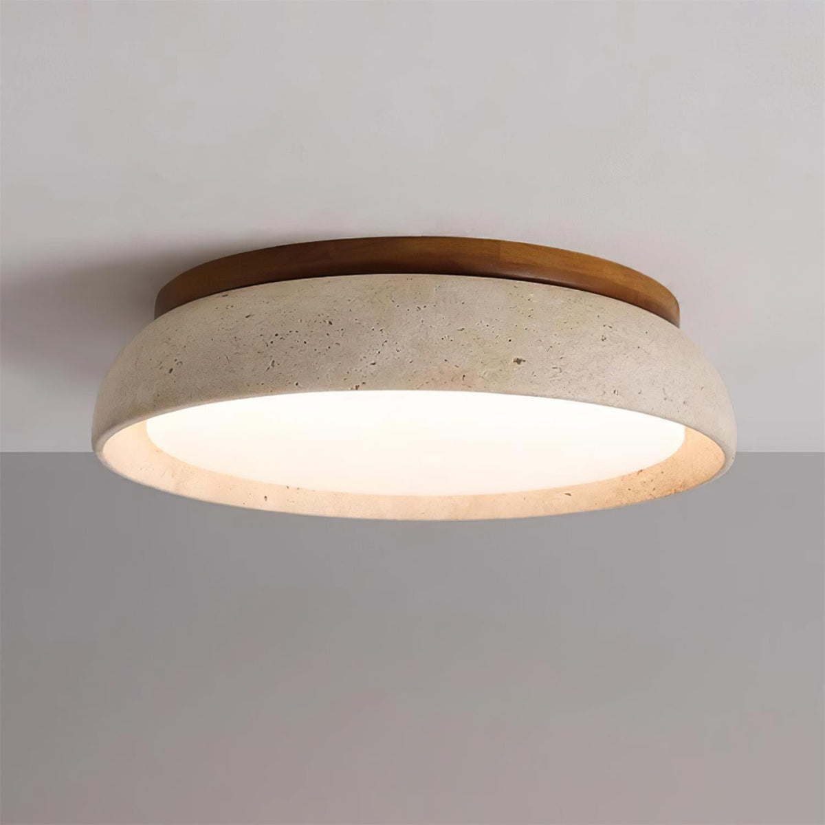 Natural Stone Flush Mount Ceiling Light – Travertine & Wood – 12 to 22 Inch – Warm White LED – for Bedroom, Living Room & Dining Room