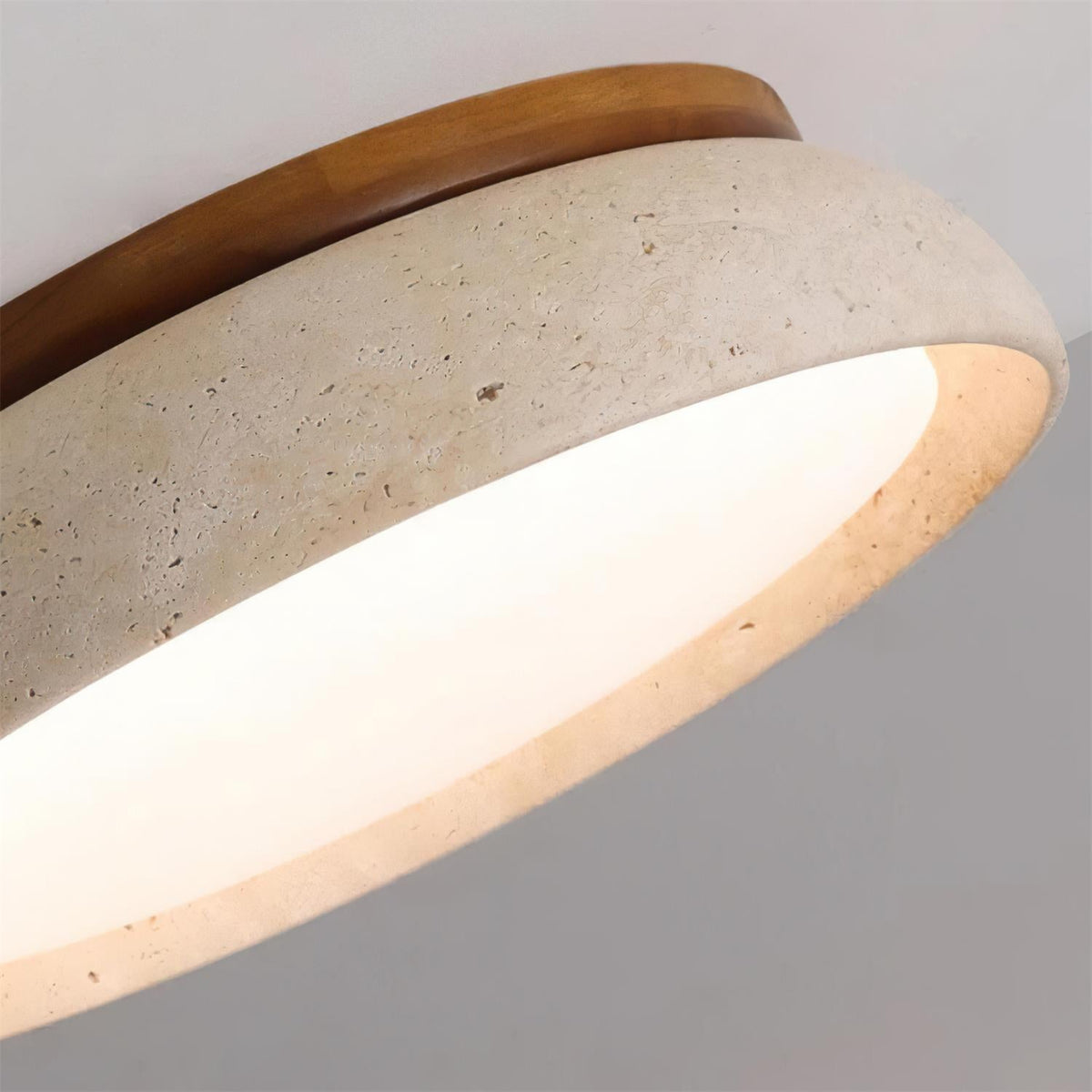 Natural Stone Flush Mount Ceiling Light – Travertine & Wood – 12 to 22 Inch – Warm White LED – for Bedroom, Living Room & Dining Room