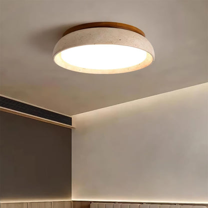 Natural Stone Flush Mount Ceiling Light – Travertine & Wood – 12 to 22 Inch – Warm White LED – for Bedroom, Living Room & Dining Room