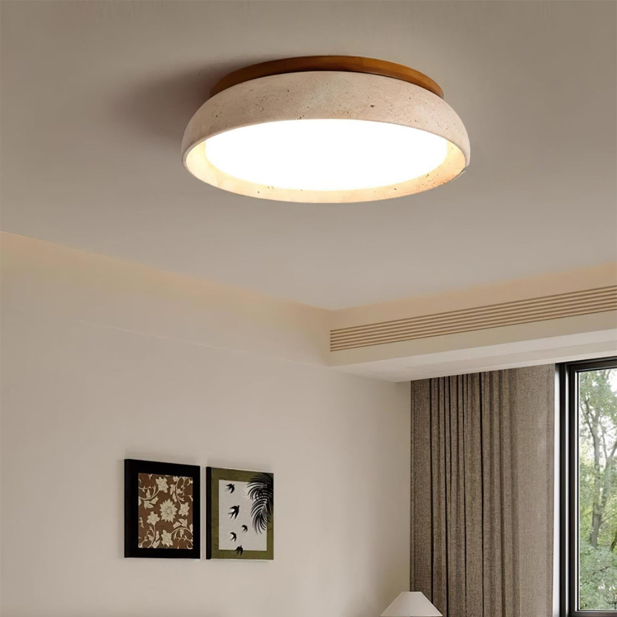 Natural Stone Flush Mount Ceiling Light – Travertine & Wood – 12 to 22 Inch – Warm White LED – for Bedroom, Living Room & Dining Room
