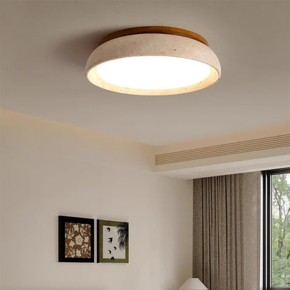 Natural Stone Flush Mount Ceiling Light – Travertine & Wood – 12 to 22 Inch – Warm White LED – for Bedroom, Living Room & Dining Room