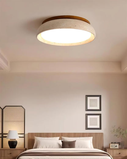 Stone Flush Mount Light Fixture 12 Inch Natural Travertine LED Overhead for Bedroom Hallway Bathroom Minimalist Round Warm Glow Wall or Ceil