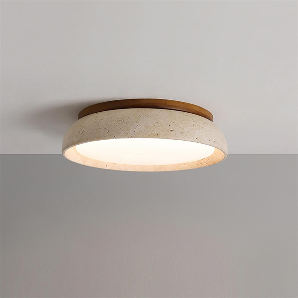 Travertine Stone Flush Mount Ceiling Light with Wood Accents for Kitchen, Bedroom, Living Room | Modern Round LED Fixture