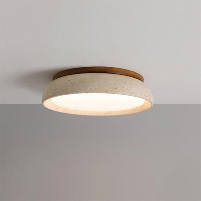 Travertine Stone Flush Mount Ceiling Light with Wood Accents for Kitchen, Bedroom, Living Room | Modern Round LED Fixture