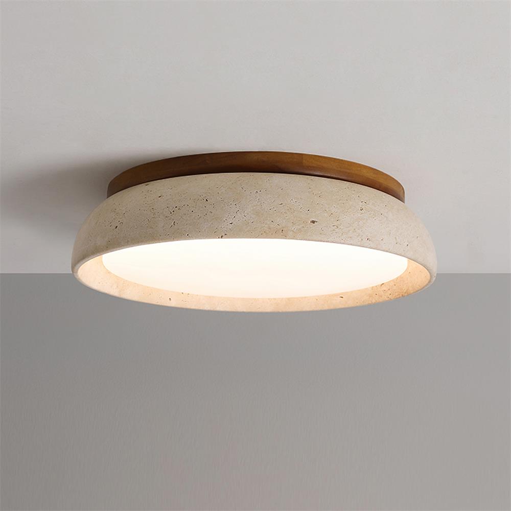 Stone Flush Mount Light Fixture 12 Inch Natural Travertine LED Overhead for Bedroom Hallway Bathroom Minimalist Round Warm Glow Wall or Ceil