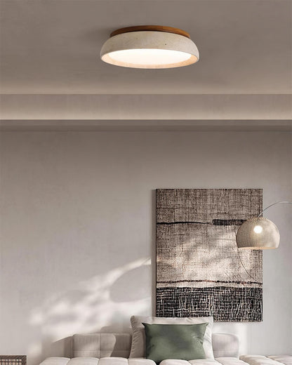 Stone Flush Mount Light Fixture 12 Inch Natural Travertine LED Overhead for Bedroom Hallway Bathroom Minimalist Round Warm Glow Wall or Ceil