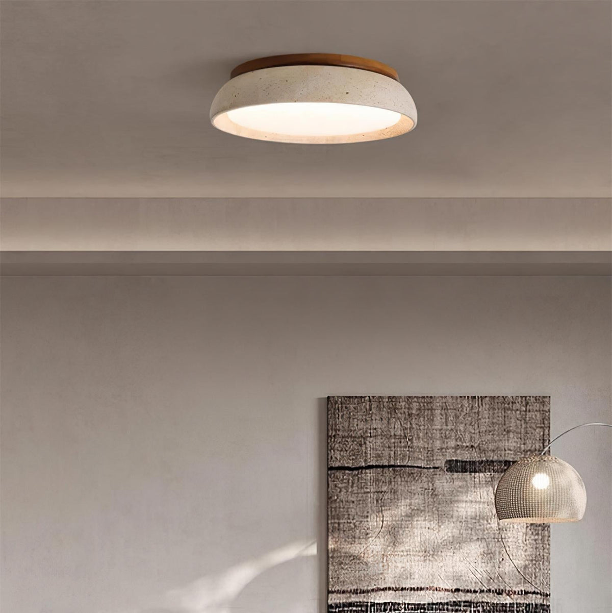 Travertine Stone Flush Mount Ceiling Light with Wood Accents for Kitchen, Bedroom, Living Room | Modern Round LED Fixture