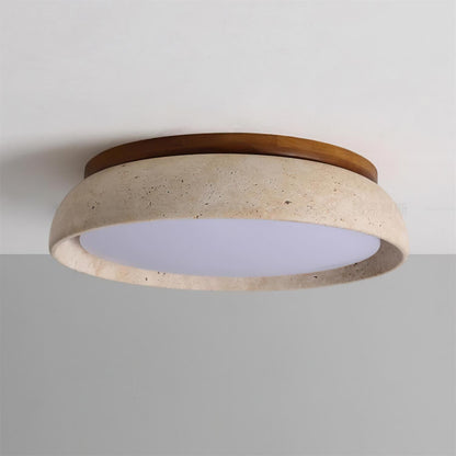 Travertine Stone Flush Mount Ceiling Light with Wood Accents for Kitchen, Bedroom, Living Room | Modern Round LED Fixture