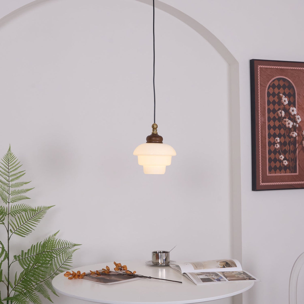 Glass Shade Hanging Lamp 6.3 Inch with Wood Accent for Kitchen Island Dining Table Overhead Fixture E26 Socket Adjustable Cord Dimmable Comp