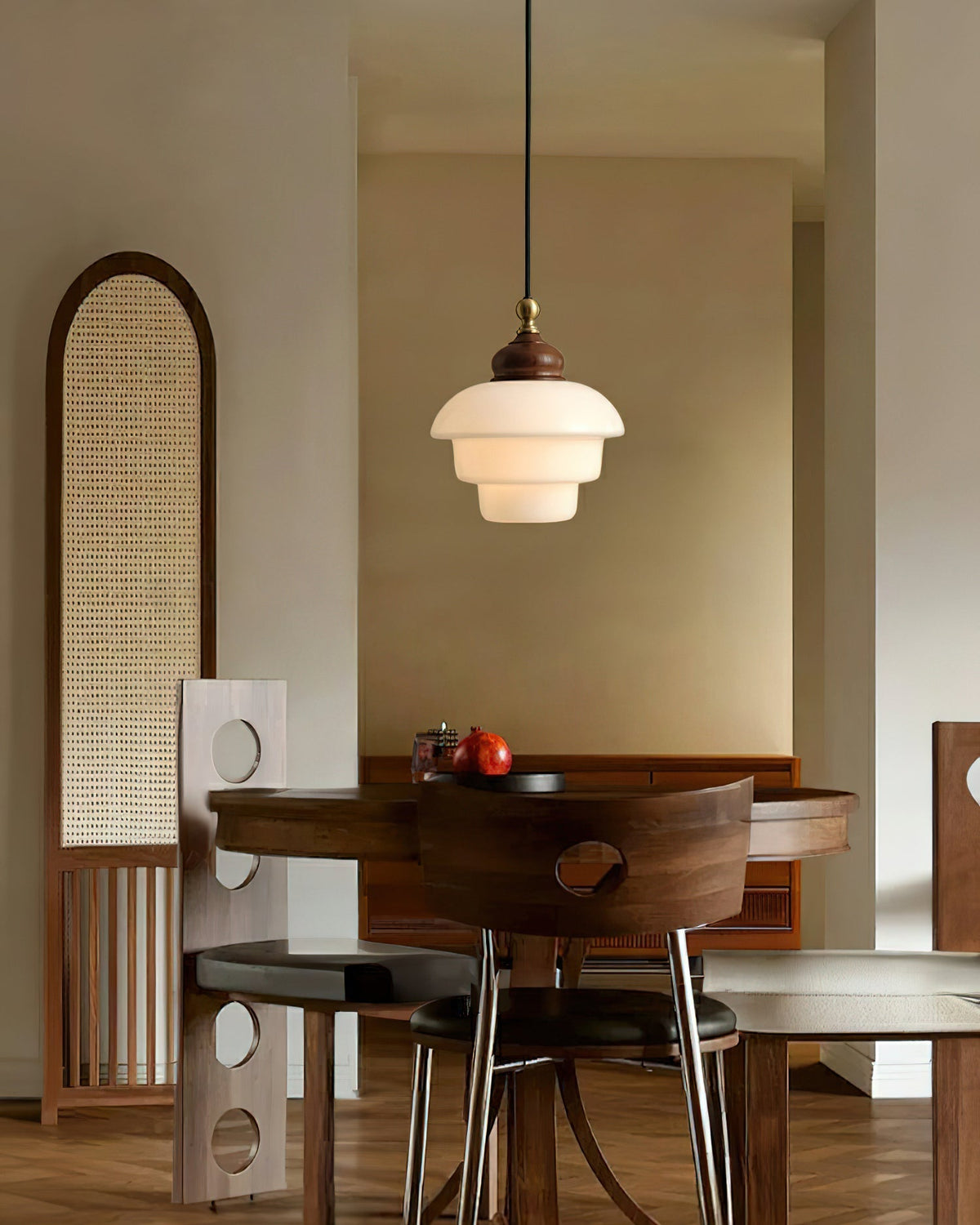 Glass Shade Hanging Lamp 6.3 Inch with Wood Accent for Kitchen Island Dining Table Overhead Fixture E26 Socket Adjustable Cord Dimmable Comp