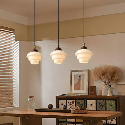 Glass Shade Hanging Lamp 6.3 Inch with Wood Accent for Kitchen Island Dining Table Overhead Fixture E26 Socket Adjustable Cord Dimmable Comp