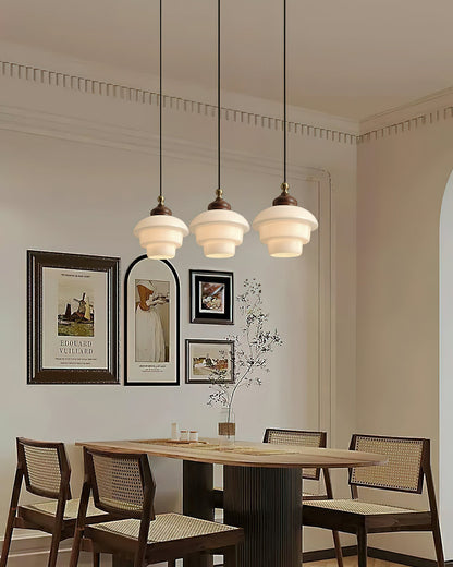 Glass Shade Hanging Lamp 6.3 Inch with Wood Accent for Kitchen Island Dining Table Overhead Fixture E26 Socket Adjustable Cord Dimmable Comp