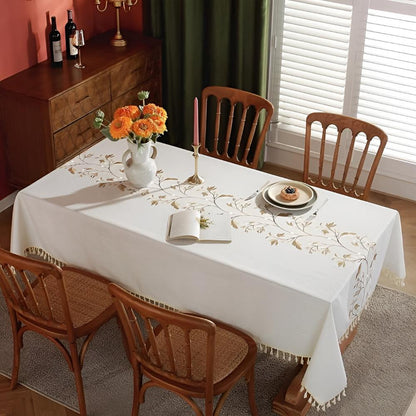 Pinegrove Tablecloth - Cotton-Linen Blend, Embroidered Floral Design