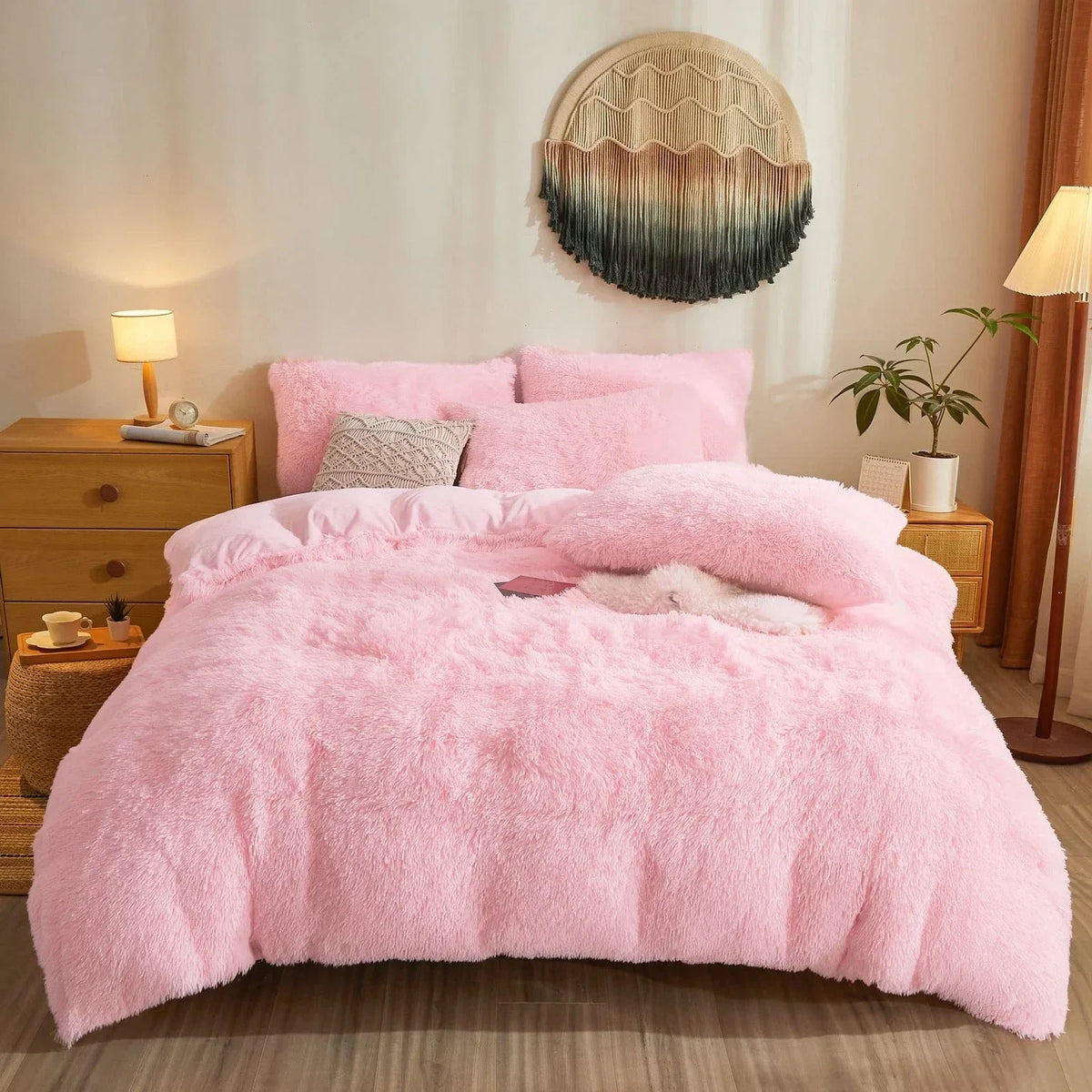 Reversible Faux Fur Duvet Cover Set - Plush Shaggy & Velvet 4-Piece Bedding - Full Queen King