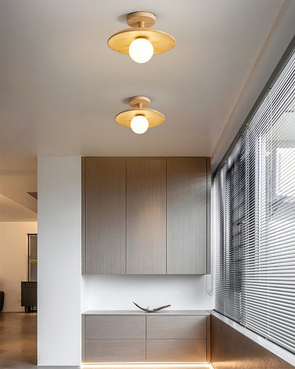 Flush Mount Ceiling Light Fixture with Natural Wood Base & Frosted Glass Shade for Hallways Bedrooms Living Rooms | Modern Farmhouse Style L