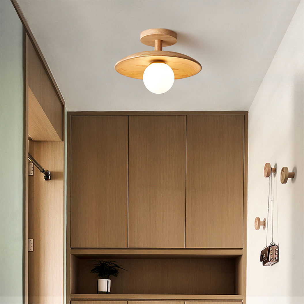 Flush Mount Ceiling Light Fixture with Natural Wood Base & Frosted Glass Shade for Hallways Bedrooms Living Rooms | Modern Farmhouse Style L