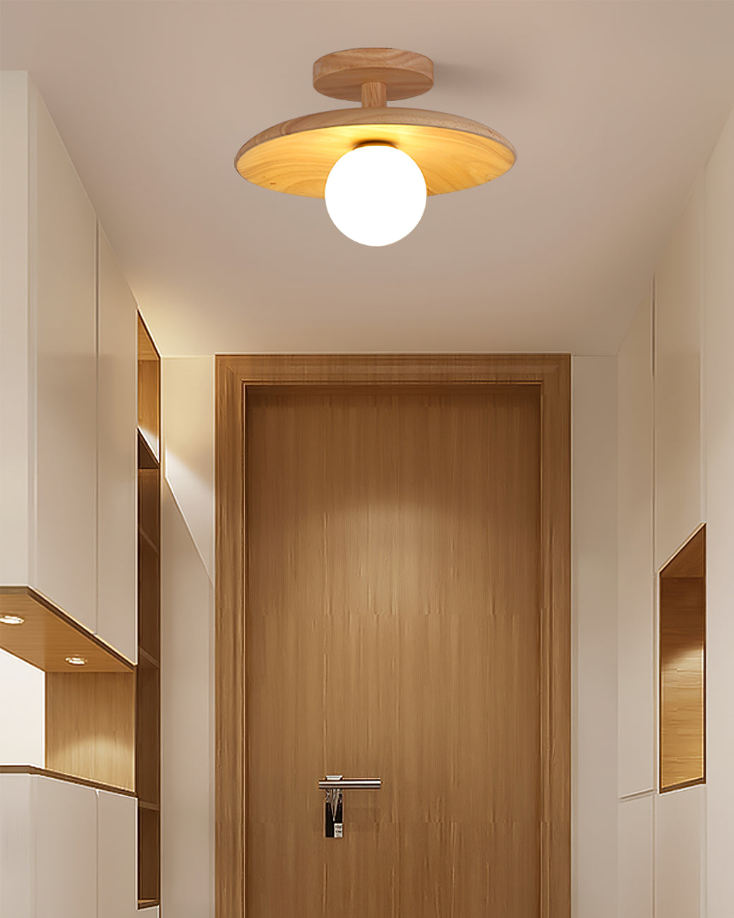 Flush Mount Ceiling Light Fixture with Natural Wood Base & Frosted Glass Shade for Hallways Bedrooms Living Rooms | Modern Farmhouse Style L