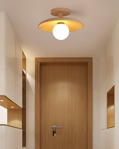 Flush Mount Ceiling Light Fixture with Natural Wood Base & Frosted Glass Shade for Hallways Bedrooms Living Rooms | Modern Farmhouse Style L