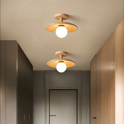Flush Mount Ceiling Light Fixture with Natural Wood Base & Frosted Glass Shade for Hallways Bedrooms Living Rooms | Modern Farmhouse Style L