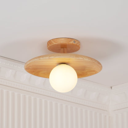 Flush Mount Ceiling Light Fixture with Natural Wood Base & Frosted Glass Shade for Hallways Bedrooms Living Rooms | Modern Farmhouse Style L