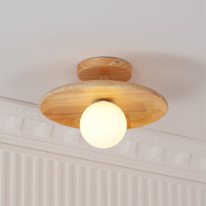 Flush Mount Ceiling Light Fixture with Natural Wood Base & Frosted Glass Shade for Hallways Bedrooms Living Rooms | Modern Farmhouse Style L