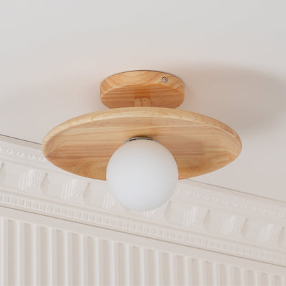 Flush Mount Ceiling Light Fixture with Natural Wood Base & Frosted Glass Shade for Hallways Bedrooms Living Rooms | Modern Farmhouse Style L