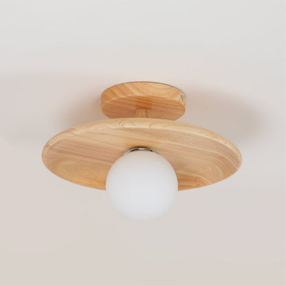 Flush Mount Ceiling Light Fixture with Natural Wood Base & Frosted Glass Shade for Hallways Bedrooms Living Rooms | Modern Farmhouse Style L