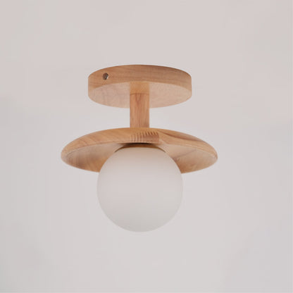 Flush Mount Ceiling Light Fixture with Natural Wood Base & Frosted Glass Shade for Hallways Bedrooms Living Rooms | Modern Farmhouse Style L