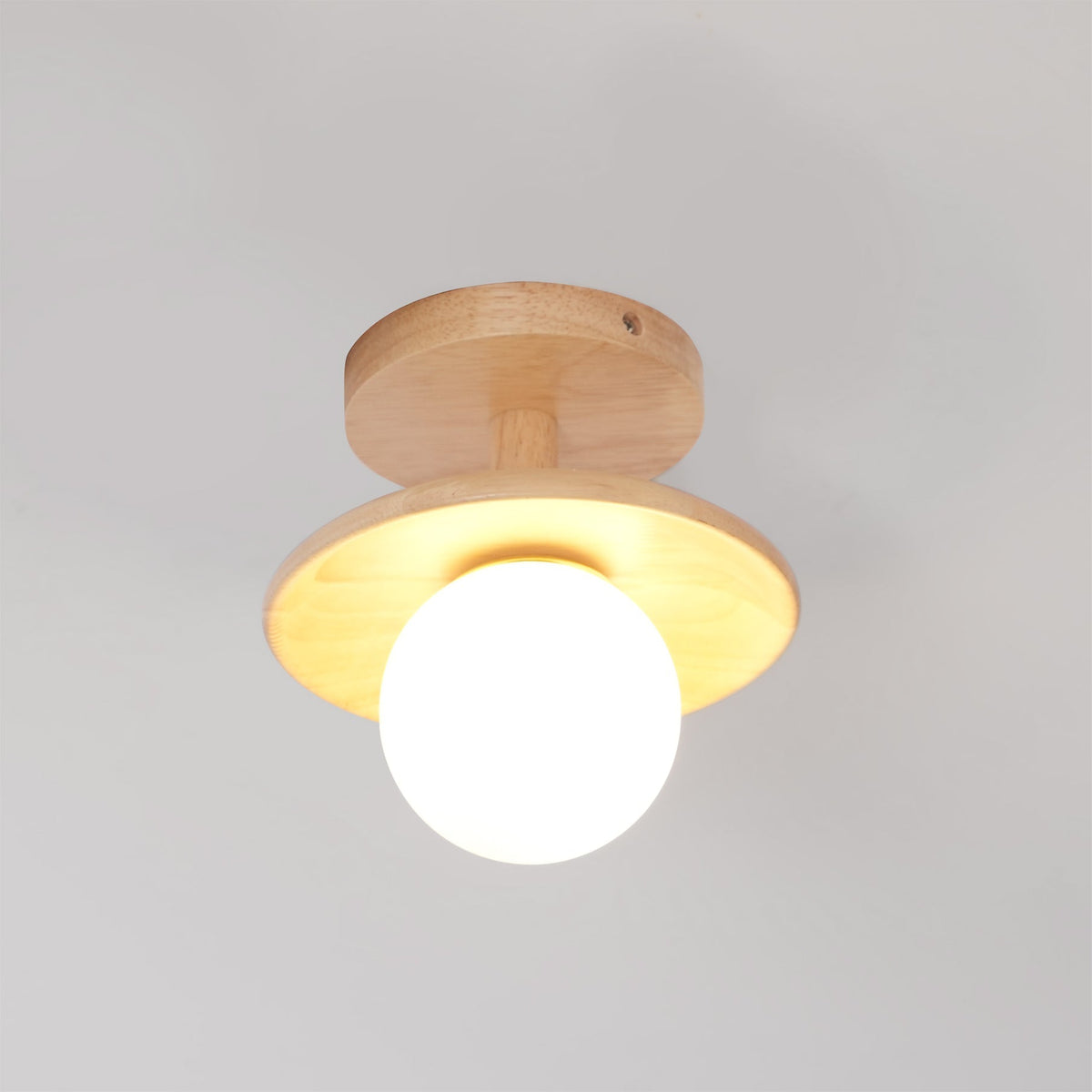 Flush Mount Ceiling Light Fixture with Natural Wood Base & Frosted Glass Shade for Hallways Bedrooms Living Rooms | Modern Farmhouse Style L