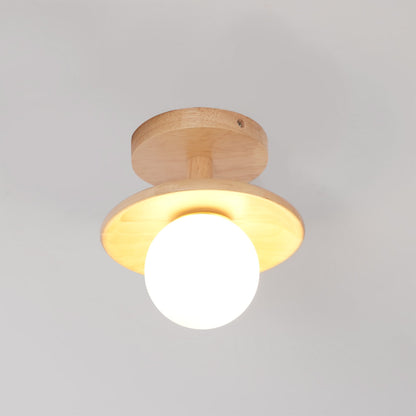 Flush Mount Ceiling Light Fixture with Natural Wood Base & Frosted Glass Shade for Hallways Bedrooms Living Rooms | Modern Farmhouse Style L