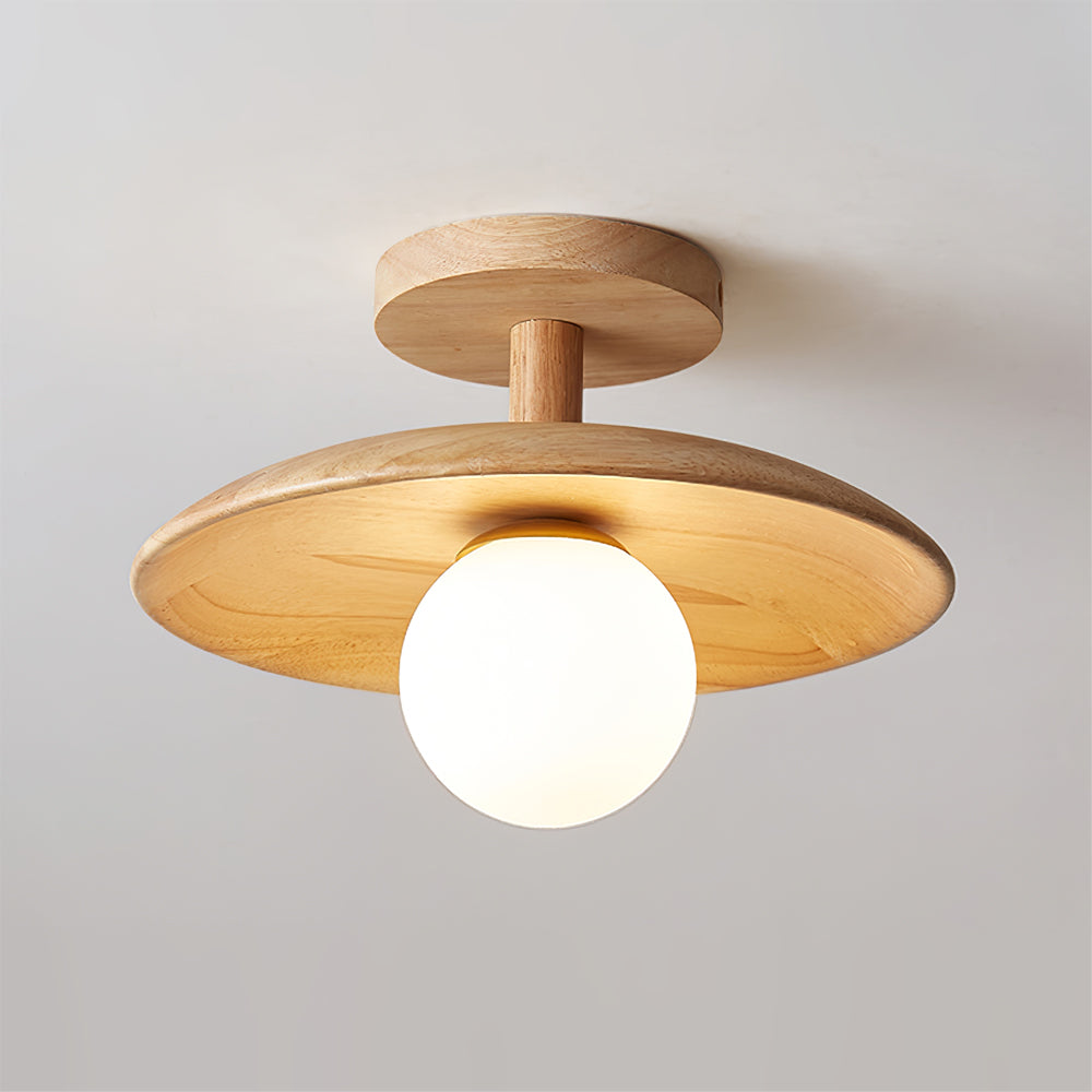 Flush Mount Ceiling Light Fixture with Natural Wood Base & Frosted Glass Shade for Hallways Bedrooms Living Rooms | Modern Farmhouse Style L