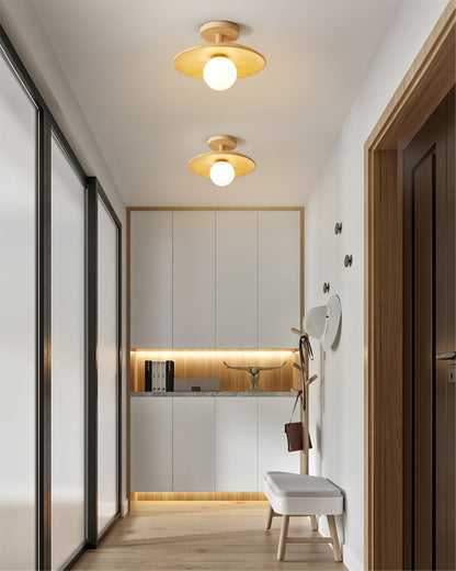 Flush Mount Ceiling Light Fixture with Natural Wood Base & Frosted Glass Shade for Hallways Bedrooms Living Rooms | Modern Farmhouse Style L