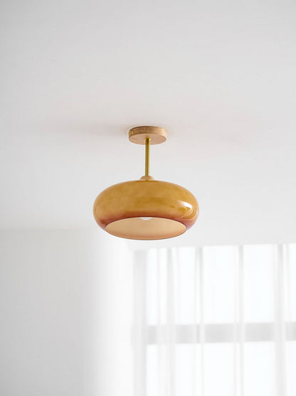 Flush Mount Ceiling Light Fixture Wood & Glass 11 Inch Round for Bedroom Bathroom Dining Room E26 Base Hardwired Indoor Ambient Lighting