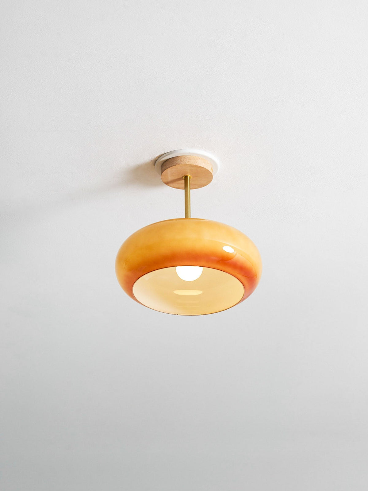 Flush Mount Ceiling Light Fixture Wood & Glass 11 Inch Round for Bedroom Bathroom Dining Room E26 Base Hardwired Indoor Ambient Lighting