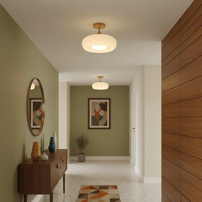 Flush Mount Ceiling Light Fixture Wood & Glass 11 Inch Round for Bedroom Bathroom Dining Room E26 Base Hardwired Indoor Ambient Lighting