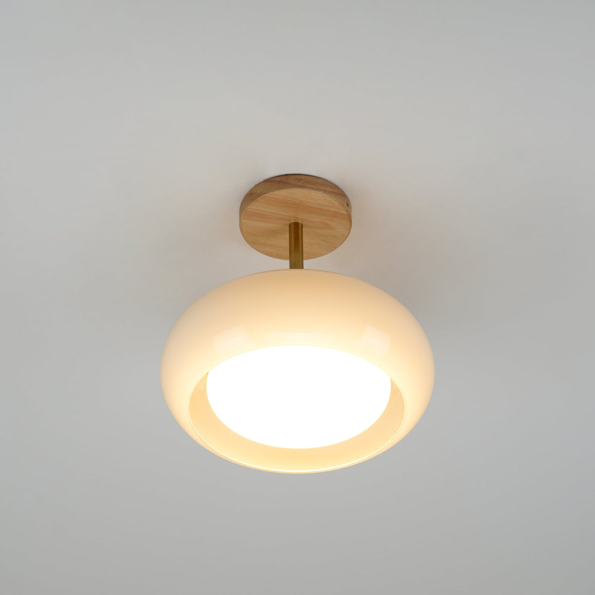 Glass Disc Overhead Fixture Wood Accent 11-Inch Warm Ambient Lighting for Dining Areas Entryways Bedrooms Mid-Century Modern Scandinavian St