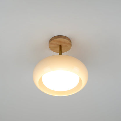 Glass Disc Overhead Fixture Wood Accent 11-Inch Warm Ambient Lighting for Dining Areas Entryways Bedrooms Mid-Century Modern Scandinavian St