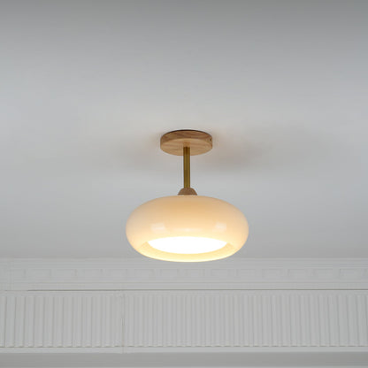 Flush Mount Ceiling Light Fixture Wood & Glass 11 Inch Round for Bedroom Bathroom Dining Room E26 Base Hardwired Indoor Ambient Lighting