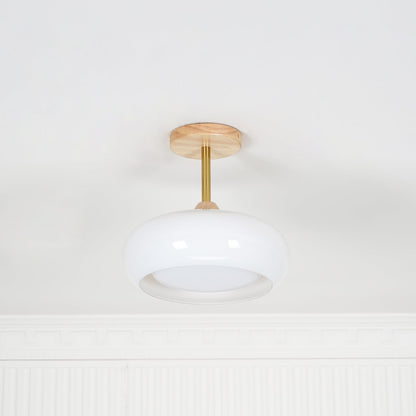 Glass Disc Overhead Fixture Wood Accent 11-Inch Warm Ambient Lighting for Dining Areas Entryways Bedrooms Mid-Century Modern Scandinavian St