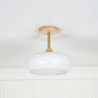 Flush Mount Ceiling Light Fixture Wood & Glass 11 Inch Round for Bedroom Bathroom Dining Room E26 Base Hardwired Indoor Ambient Lighting