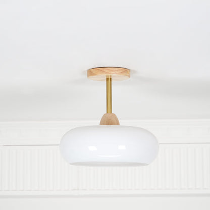 Glass Disc Overhead Fixture Wood Accent 11-Inch Warm Ambient Lighting for Dining Areas Entryways Bedrooms Mid-Century Modern Scandinavian St