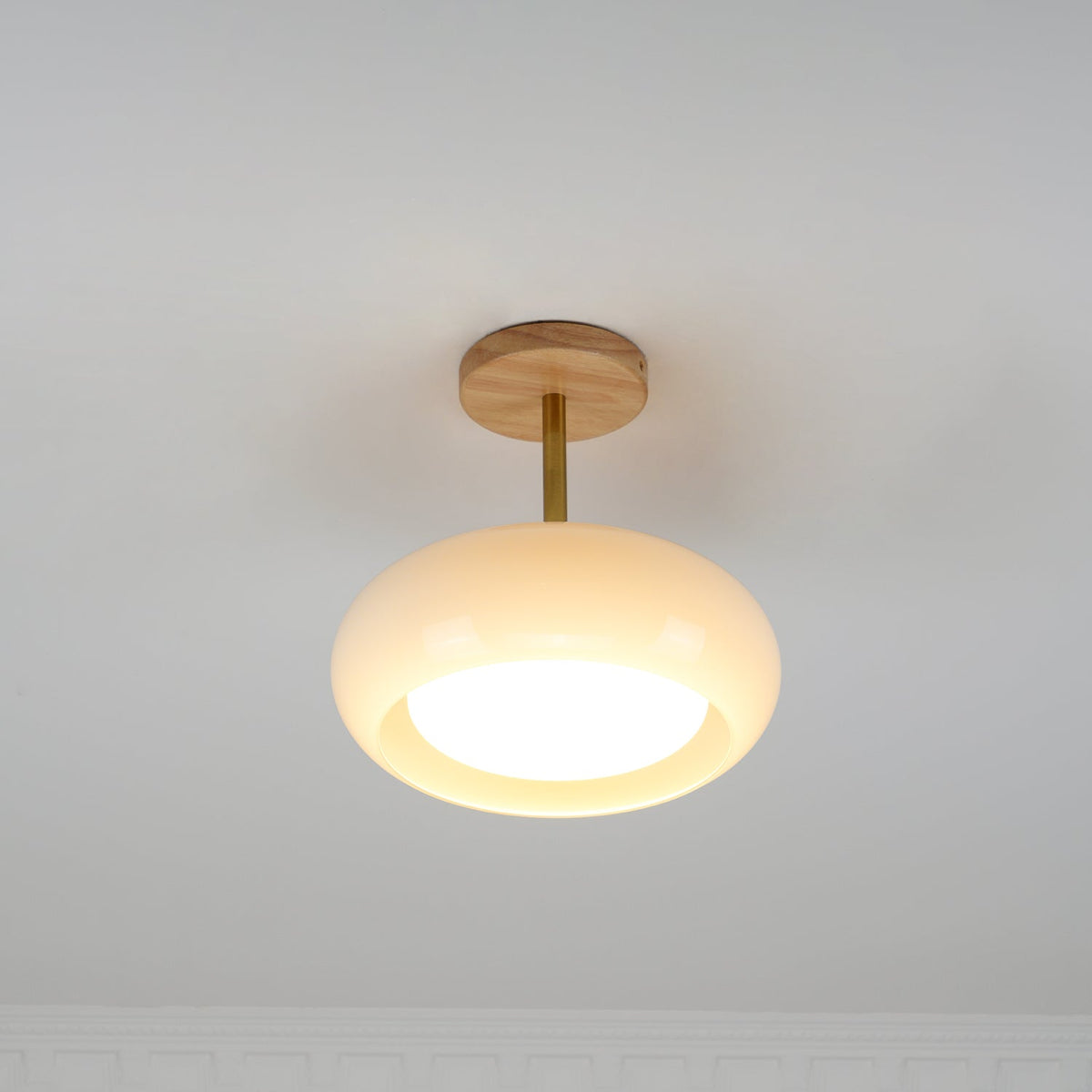 Flush Mount Ceiling Light Fixture Wood & Glass 11 Inch Round for Bedroom Bathroom Dining Room E26 Base Hardwired Indoor Ambient Lighting
