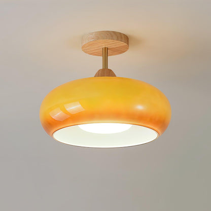 Flush Mount Ceiling Light Fixture Wood & Glass 11 Inch Round for Bedroom Bathroom Dining Room E26 Base Hardwired Indoor Ambient Lighting
