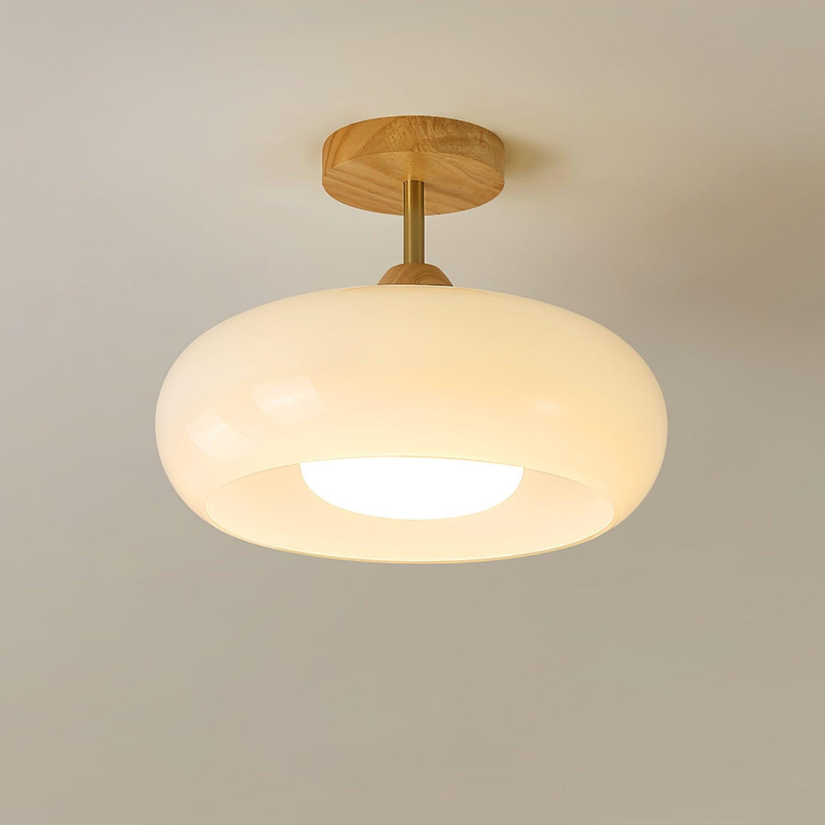 Flush Mount Ceiling Light Fixture Wood & Glass 11 Inch Round for Bedroom Bathroom Dining Room E26 Base Hardwired Indoor Ambient Lighting